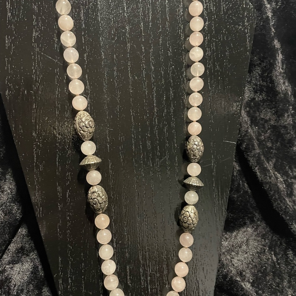 Rose Quartz with silver style beads. Elegant vintage. 28”